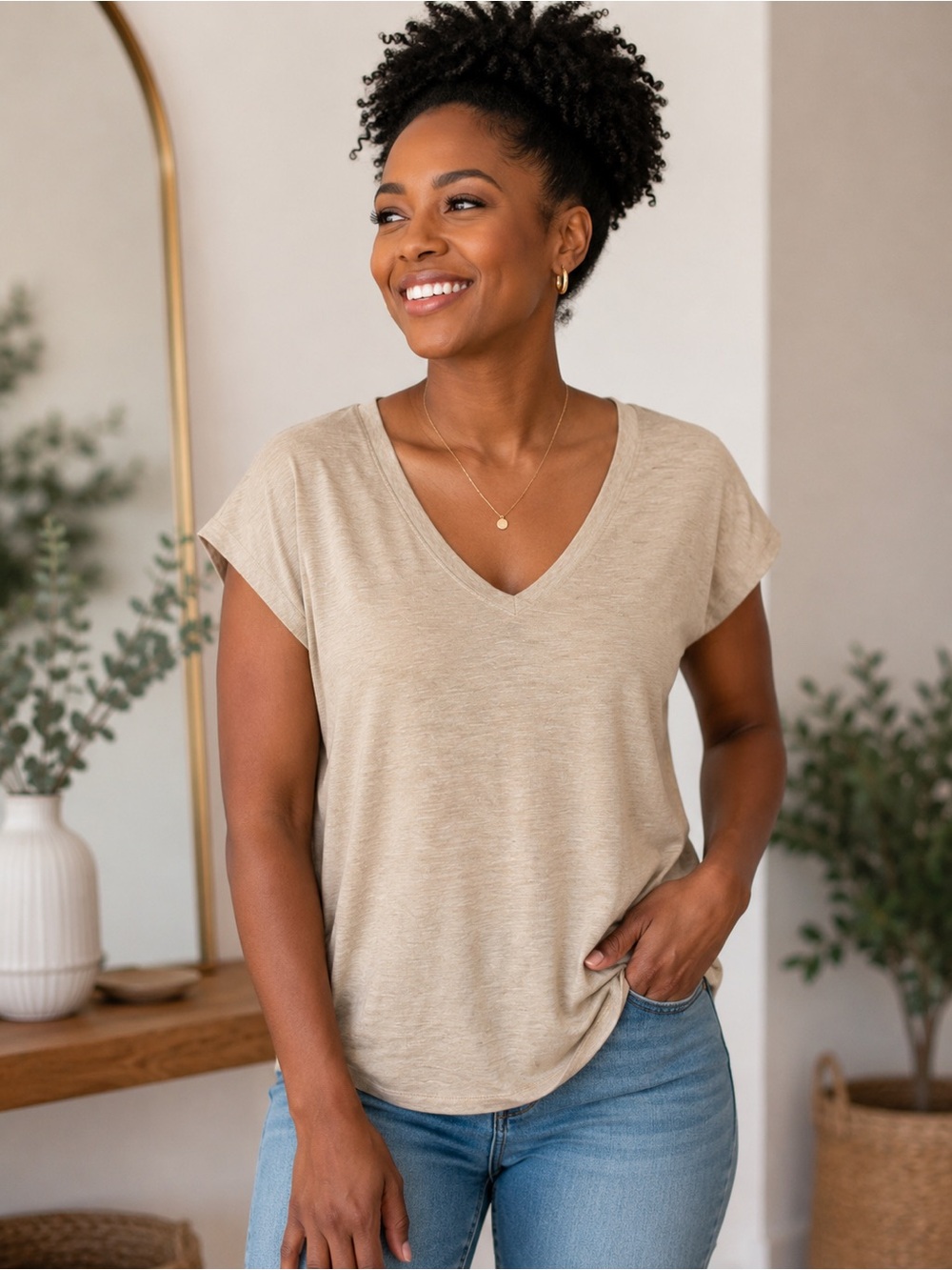 White House Black Market Everyday V-Neck Tee - Beige